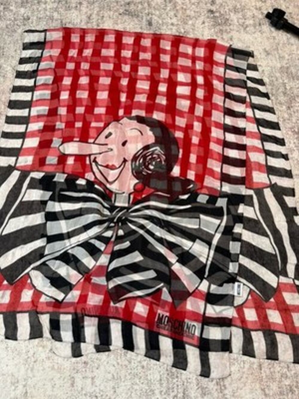 VTG Moschino Cheap and Chic Olive Oyl Silk Scarf Gingham Striped Italy 68” X 25”